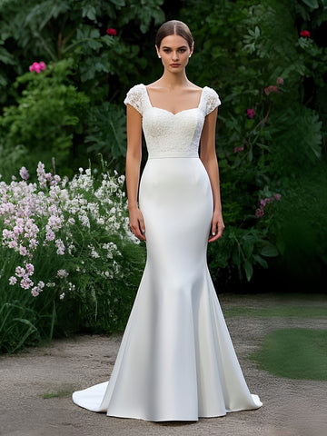 Appliques Satin Cap Sleeve Trumpet Mermaid Wedding Dress