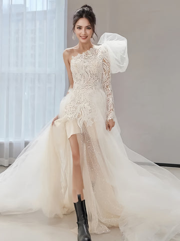 Long Sleeve High Low Champange Lace Wedding Dress