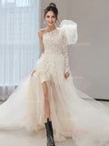 Long Sleeve High Low Champange Lace Wedding Dress