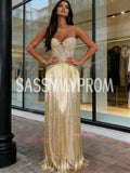 Sheath Column Gold Spaghetti Straps Sparkle Prom Dress
