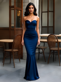 Sweetheart Sheath Column Satin Navy Blue Prom Dress