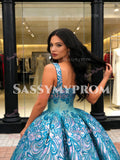 Green Ball Gown Sequin Floral Square Neck Prom Dress