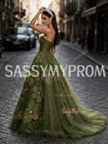 Tulle Sweetheart Rose Pearls Olive Green Prom Dress
