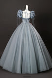 Tulle Flowers Short Sleeves A-Line Gray Prom Dress