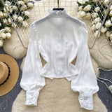 Puff Sleeves Ruffle Trim White Blouse