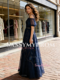Navy Blue A Line Tulle Embroidery Off The Shoulder Prom Dress