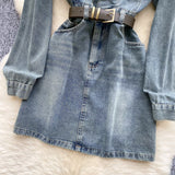 Belted Waist Chic Pocket Denim Dress