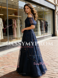 Navy Blue A Line Tulle Embroidery Off The Shoulder Prom Dress
