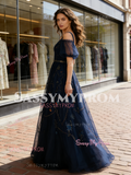 Navy Blue A Line Tulle Embroidery Off The Shoulder Prom Dress