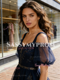 Navy Blue A Line Tulle Embroidery Off The Shoulder Prom Dress