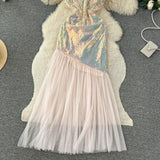 Pink Tulle Skirt Overlay Holographic Sequin Dress