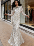 Silver Long Sleeve Trumpet Mermaid Scoop Prom Dress