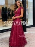 A Line Ruffles Tulle Fuchsia V Neck Prom Dress
