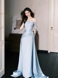 Elastic Satin A Line Strapless Light Blue Prom Dress