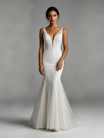 Trumpet Mermaid Deep V Neck Lace Wedding Dress