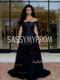 Navy Beading A Line Tulle Off The Shoulder Prom Dress