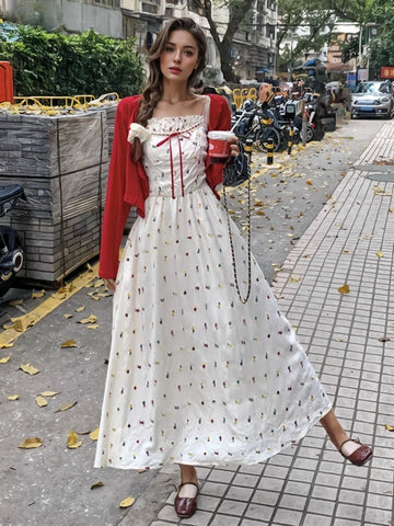vintage inspired midi dress White Polyester Midi Dress with Vintage Pleated Shirt Design Off White / S