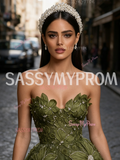 Tulle Sweetheart Rose Pearls Olive Green Prom Dress