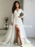 V Neck Tulle Long Sleeve Ruched A Line Wedding Dress With Slit