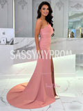 One Shoulder Pink Satin Trumpet Mermaid Prom Dress With Slit
