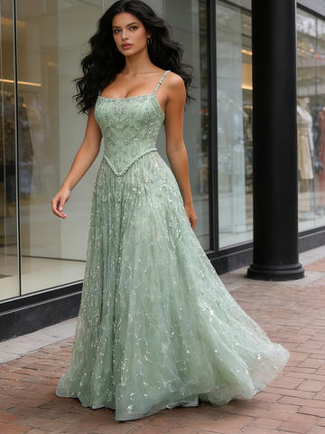 Tulle Spaghetti Straps Mint Green Beading A Line Prom Dress