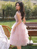 Straps Ruffles Knee Length Sparke Pink Homecoming Dress