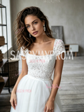 Cap Sleeve Square Neck A-Line Lace Tulle Wedding Dress With Slit