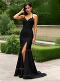 Satin Trumpet Mermaid Black Spaghetti Straps Prom Dress With Slit