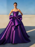 Strapless Satin A Line Bow Grape Purple Prom Dress