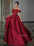 Off The Shoulder Bow Satin Burgundy Prom Dress