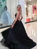Black Lace V Neck Long A Line Prom Dress