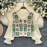 Puffy Long Sleeves Retro Motifs Crochet Patchwork Blouse