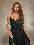 V Neck A Line Green Sequin Pleats Prom Dress