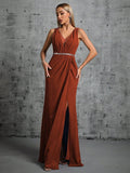 Simple Brown V Neck Chiffon Belt Prom Dress