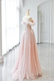 Corset A Line Ruffles Pink Tulle Off The Shoulder Prom Dress