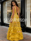 Yellow Feather Sequin A Line Tulle Prom Dress