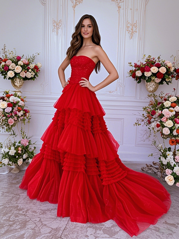 Tulle A Line Layer Pleats Red Strapless Prom Dress