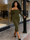 White Long Sleeve Elegant Knit Club Party Midi Maxi Dress