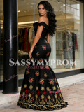 Off The Shoulder Trumpet Mermaid Black Embroidery Prom Dress