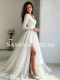 V Neck Tulle Long Sleeve Ruched A Line Wedding Dress With Slit