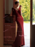 Trumpet Mermaid Tie Shoulder Burgundy V neck Prom Dress