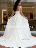 Beading Appliques Straps Sweetheart Tulle Wedding Dress with Slit