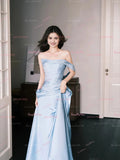 Elastic Satin A Line Strapless Light Blue Prom Dress