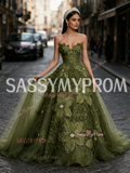 Tulle Sweetheart Rose Pearls Olive Green Prom Dress