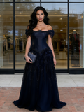Navy Beading A Line Tulle Off The Shoulder Prom Dress