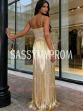 Sheath Column Gold Spaghetti Straps Sparkle Prom Dress