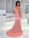 One Shoulder Pink Satin Trumpet Mermaid Prom Dress With Slit