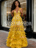 Yellow Feather Sequin A Line Tulle Prom Dress