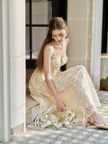 Spaghetti Straps Ankle Length Ivory Lace Prom Dress