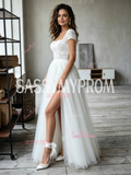 Cap Sleeve Square Neck A-Line Lace Tulle Wedding Dress With Slit